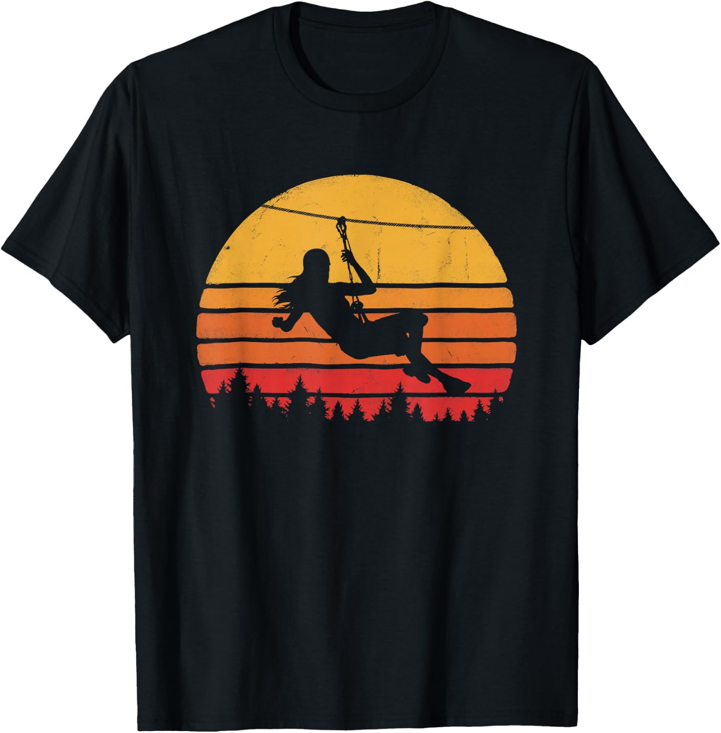 Zipline Girl Retro Graphic Zip Wire Sunset T-Shirt - T-Shirt | Black