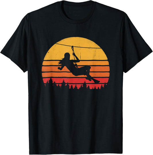 Zipline Girl Retro Graphic Zip Wire Sunset T-Shirt - T-Shirt | Black