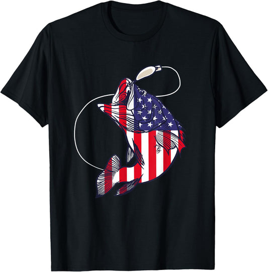 Bass Fishing Fish American Flag Patriotic Fourth of July T-Shirt - T-Shirt | Black