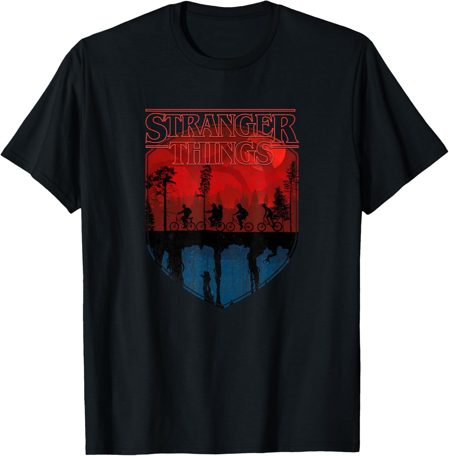 Stranger Things Group Shot Mindflayer Trail Silhouettes T-Shirt - T-Shirt | Black