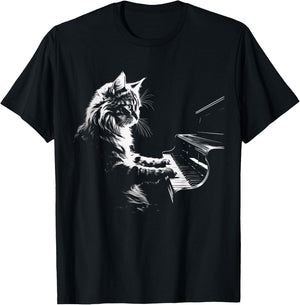 Cat Playing Piano Vintage Jazz Musician Pianist T-Shirt - T-Shirt | Black