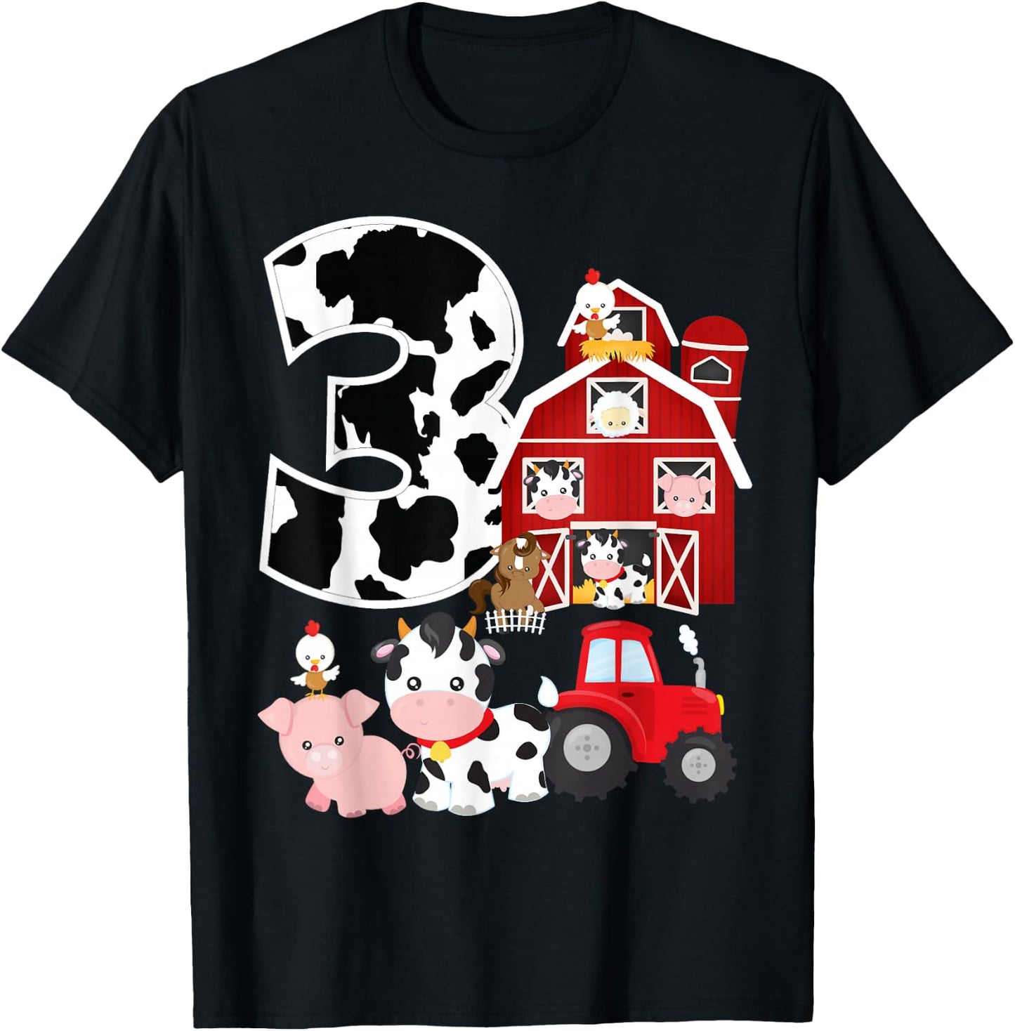 Farm Barnyard Theme Pig Cow Horse 3rd Birthday 3 Yrs Old T-Shirt - T-Shirt | Black