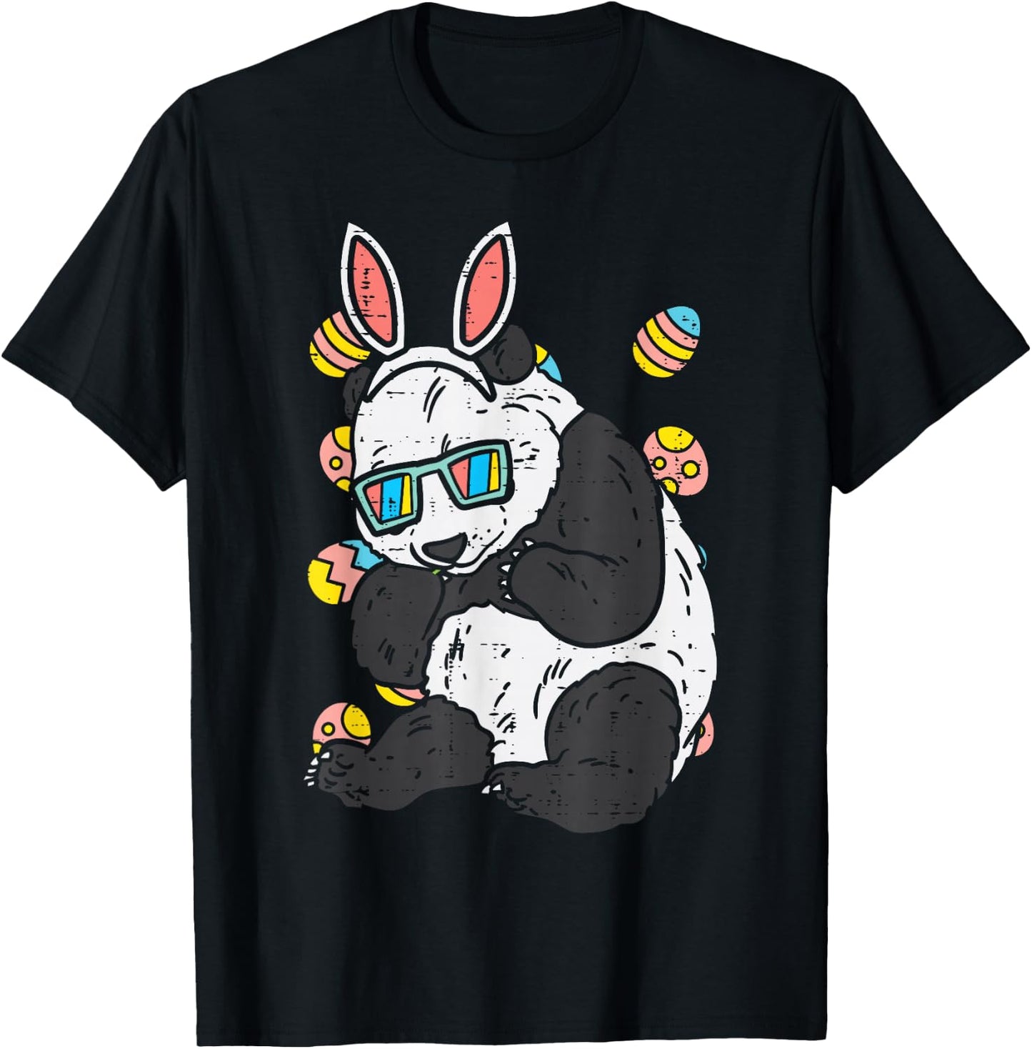 Panda Bunny Ears Glasses Eggs Cute Easter Bear Animal Lover T-Shirt - T-Shirt | Black