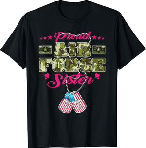 Proud Air Force Sister Camo US Flag Dog Tag Military Sibling T-Shirt - T-Shirt | Black