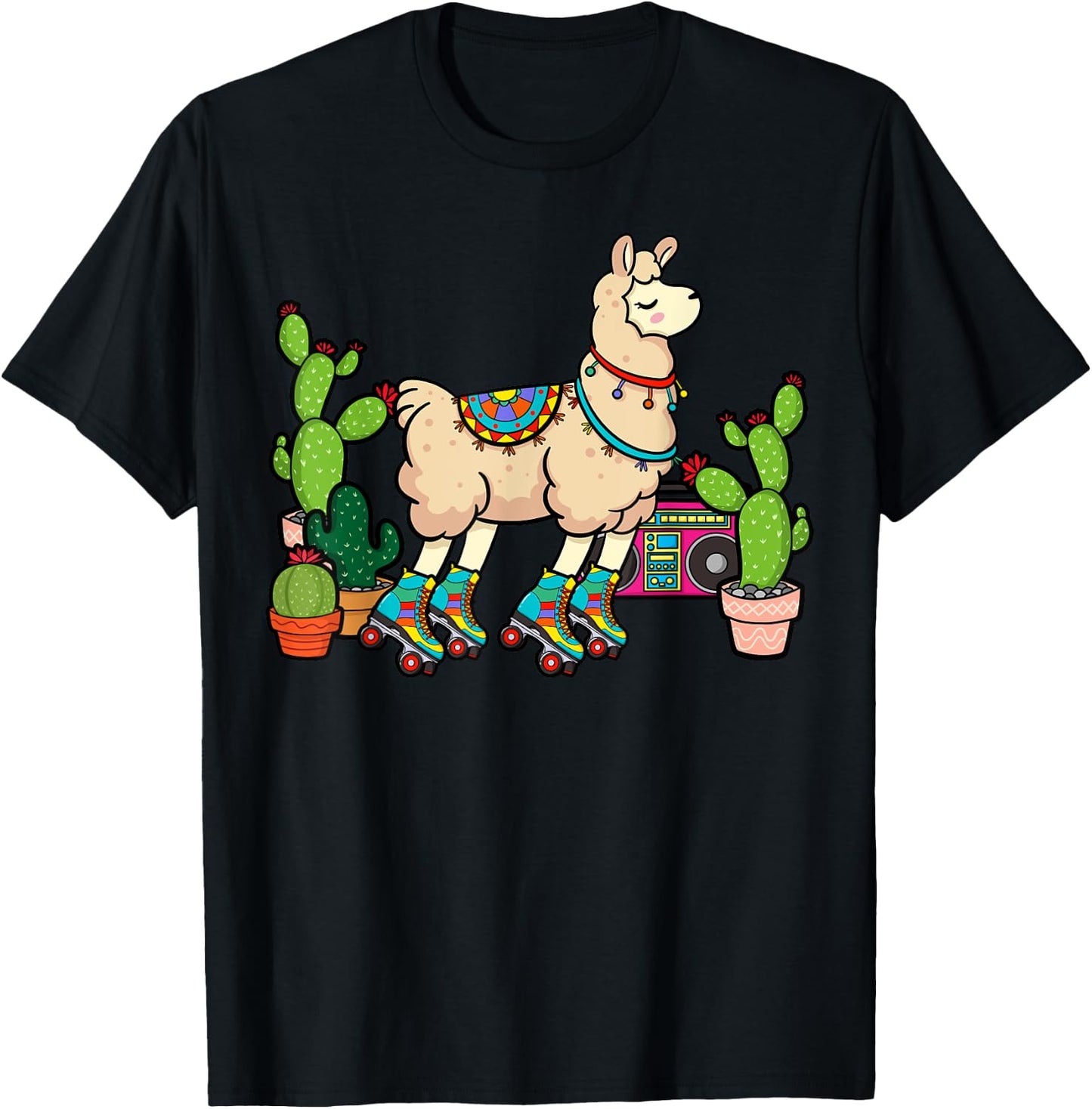 Llama Roller Skates Boombox Ghetto Blaster Vintage 70s T-Shirt - T-Shirt | Black