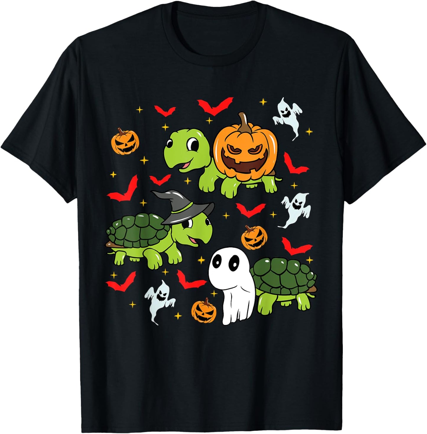 Halloween Turtle Pumpkin Tortoise Bats and Ghosts T-Shirt - T-Shirt | Black