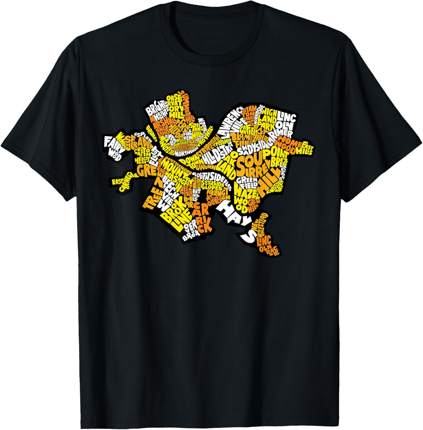 Pittsburgh Neighborhood Names Map Black and Yellow T-Shirt - T-Shirt | Black
