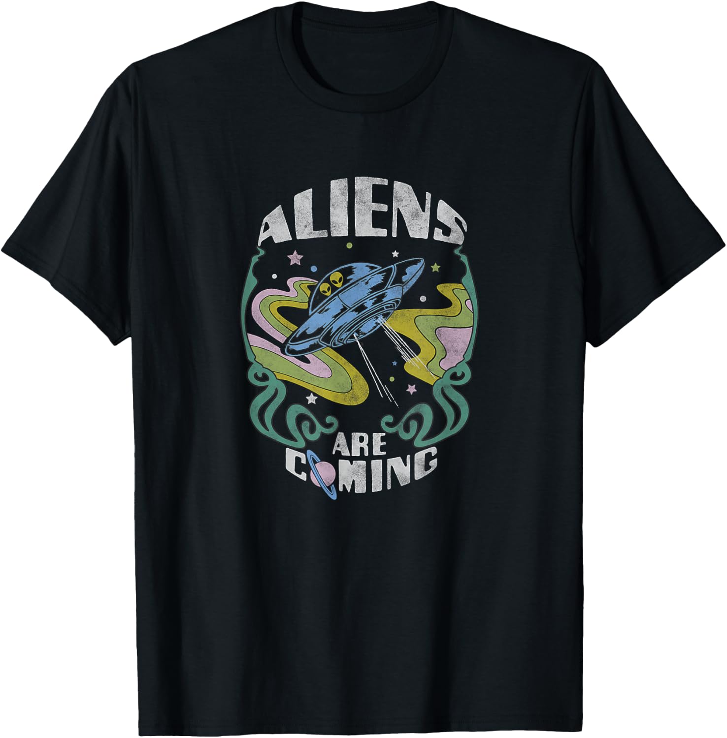 Aliens Are Coming Psychedelic Spaceship T-Shirt - T-Shirt | Black