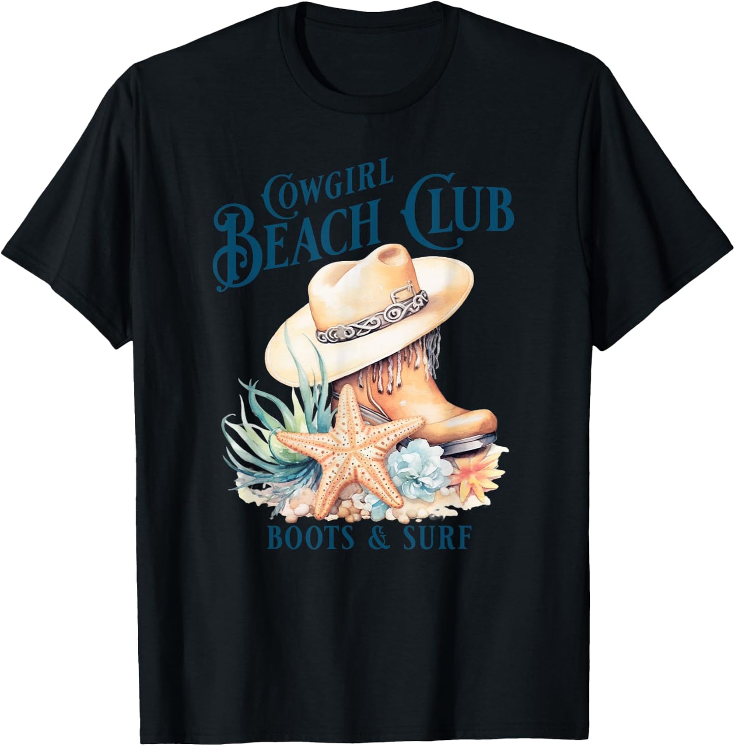 Cowgirl Surf Club, Coastal Boots On The Beach, Beach Cowgirl T-Shirt - T-Shirt | Black