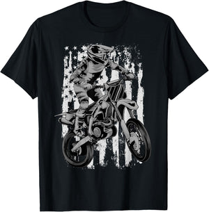 Motocross Motorcross Dirt Bike USA Flag Patriotic Women Kids Men T-Shirt - T-Shirt | Black