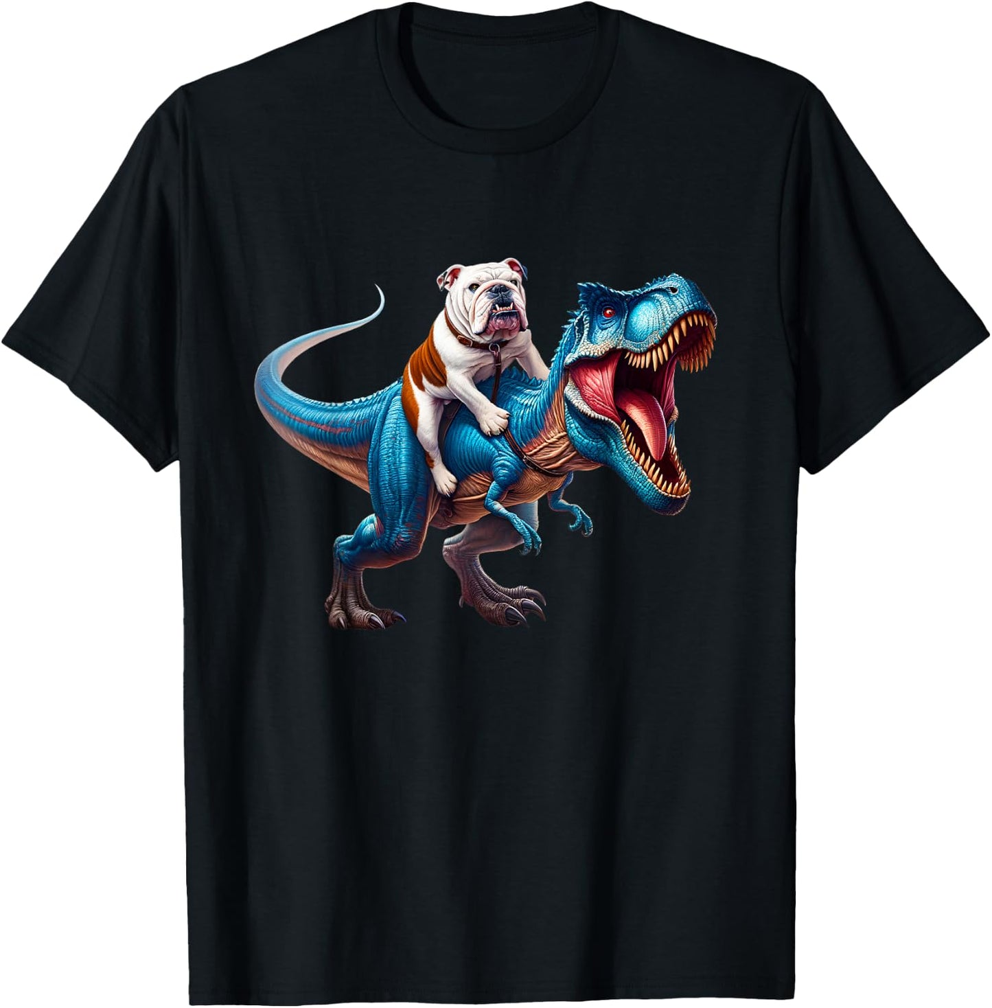 English Bulldog Riding T-Rex Dinosaur Dog Lover T-Shirt - T-Shirt | Black