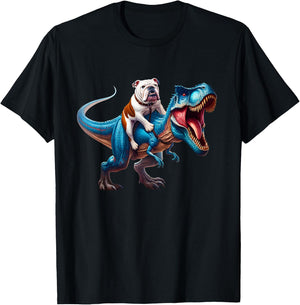 English Bulldog Riding T-Rex Dinosaur Dog Lover T-Shirt - T-Shirt | Black