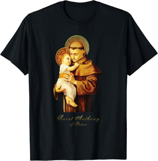 MJ Sacred Art St Anthony of Padua Catholic Saint - Women's Black Short Sleeve Classic Fit Letter Print T Back Collarless - Small T-Shirt - T-Shirt | Black
