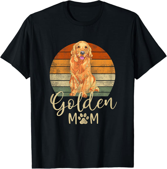 Golden Mom Retro Sunset Golden Retriever Lover Gift Dog Mama T-Shirt - T-Shirt | Black