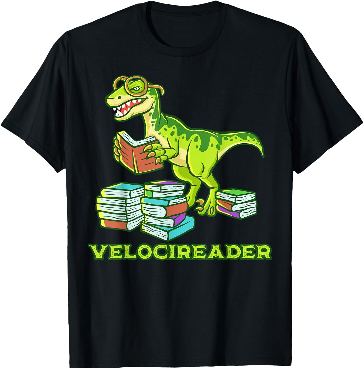 Velocireader Dinosaur Book Reading Velociraptor Dino T-Shirt - T-Shirt | Black