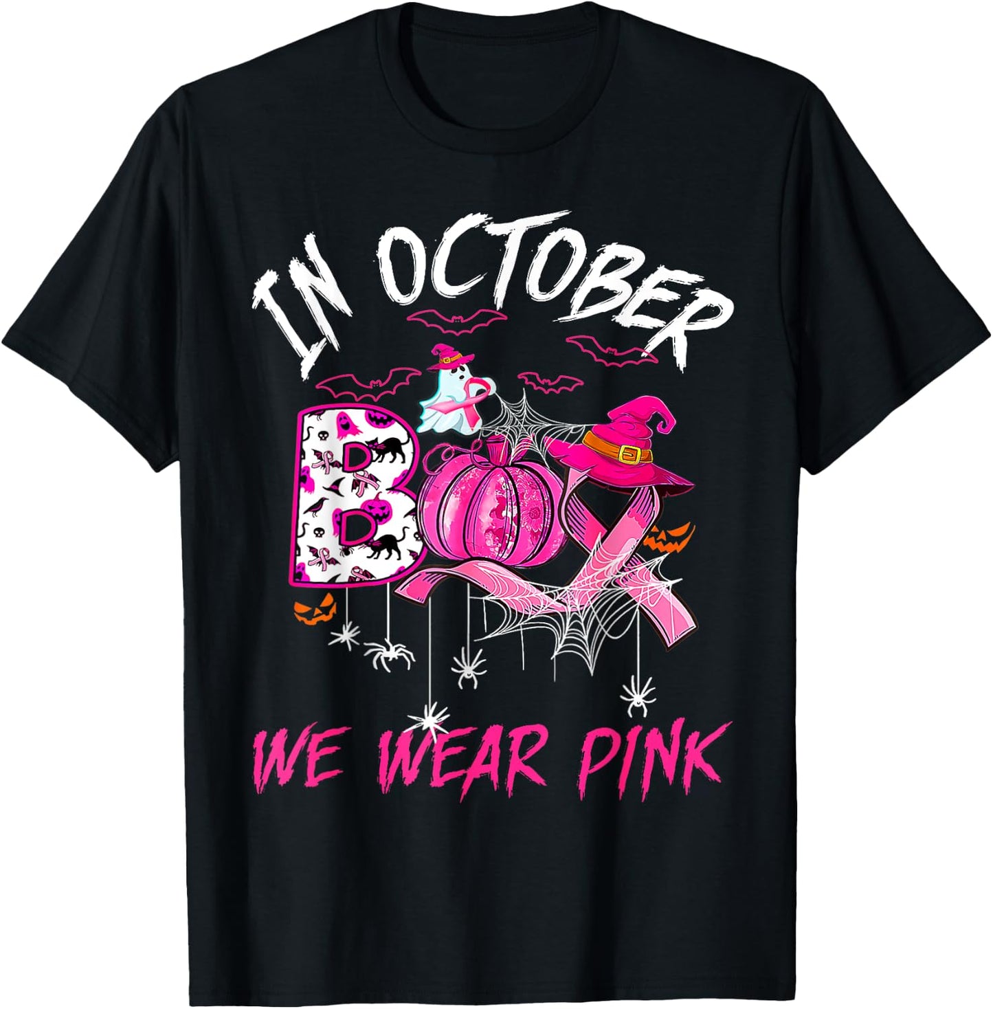 Vintage Wear Pink Breast Cancer Warrior Cute Ghost Halloween T-Shirt - T-Shirt | Black