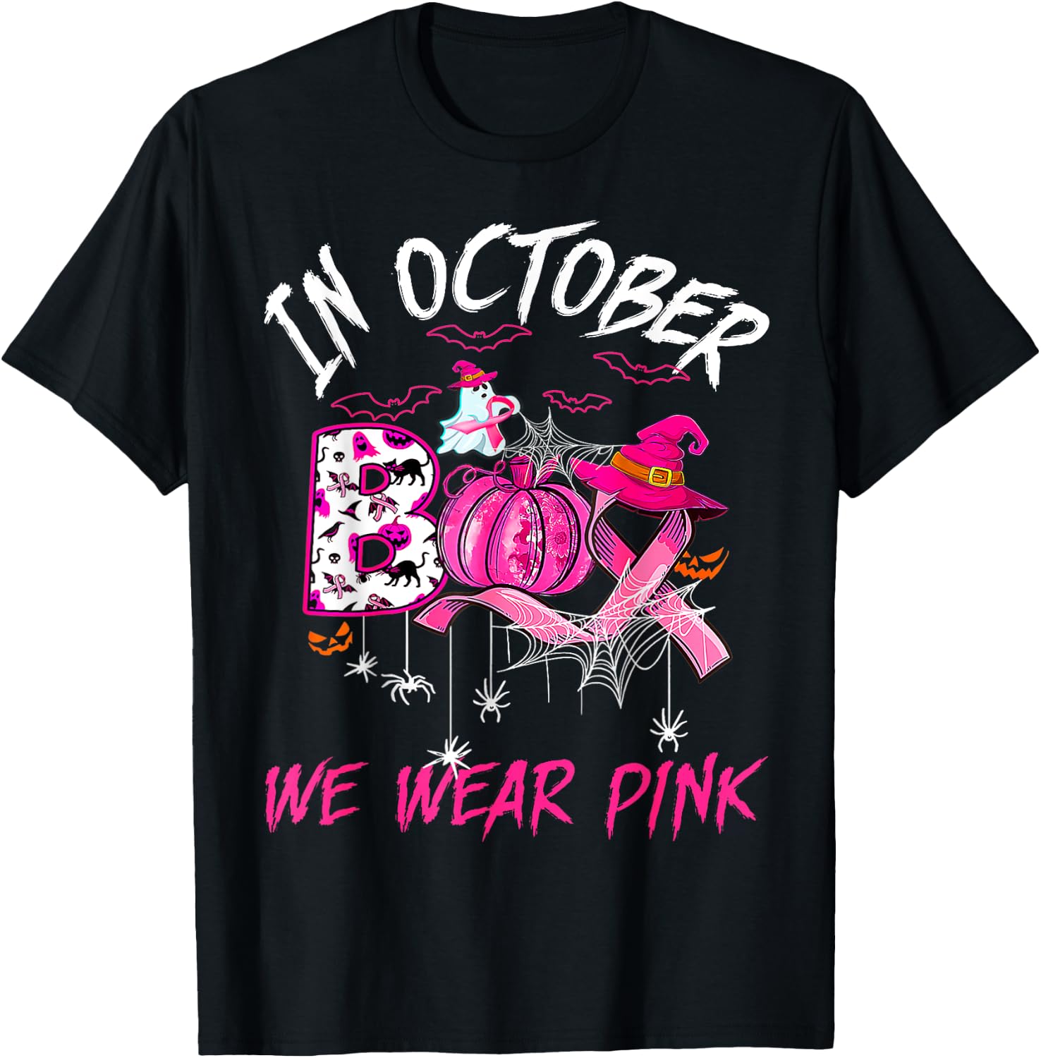 Vintage Wear Pink Breast Cancer Warrior Cute Ghost Halloween T-Shirt - T-Shirt | Black