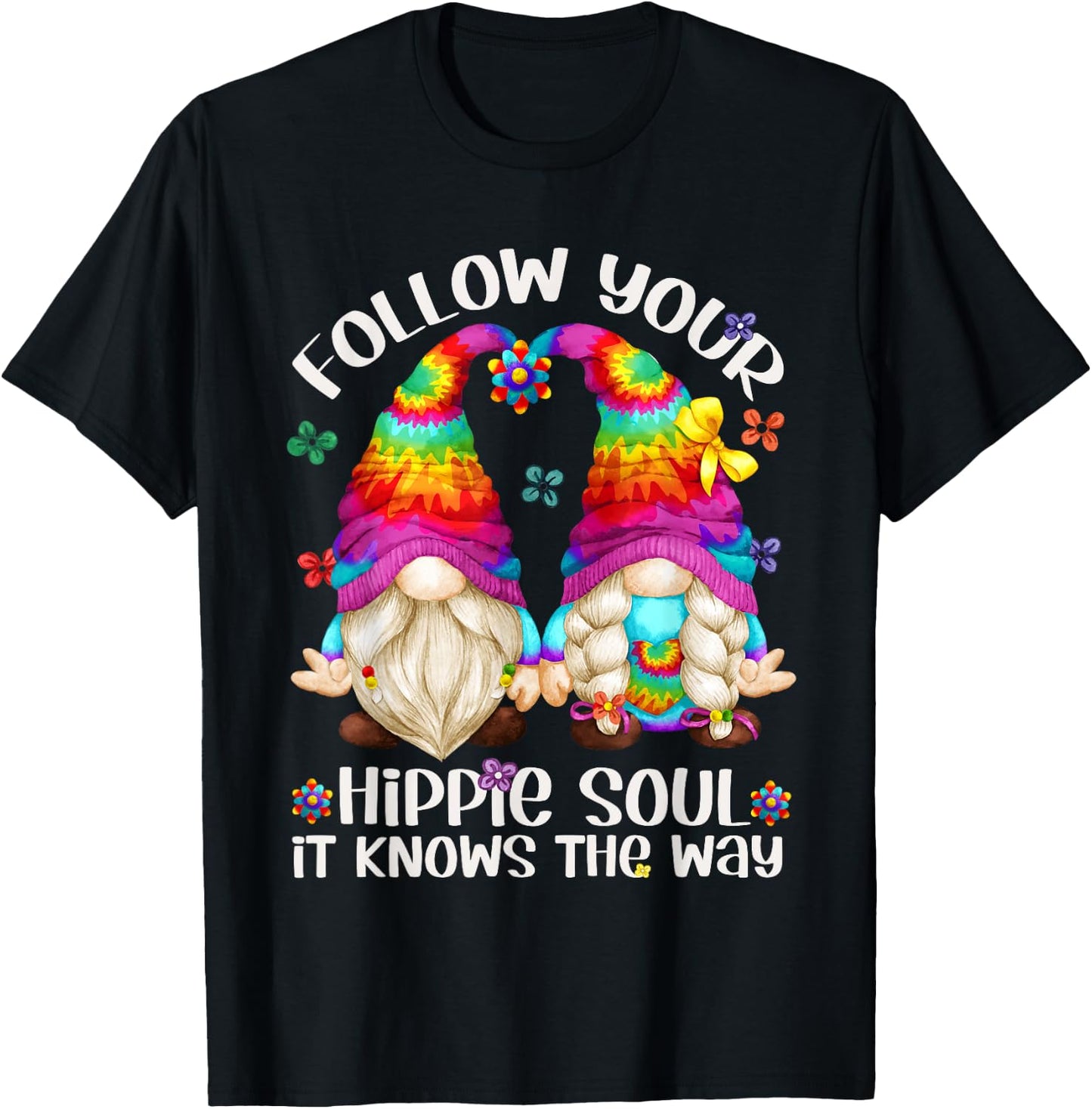 Hippie Soul Gnomies Makes Peace Sign - Cute Hippie Gnome T-Shirt - T-Shirt | Black