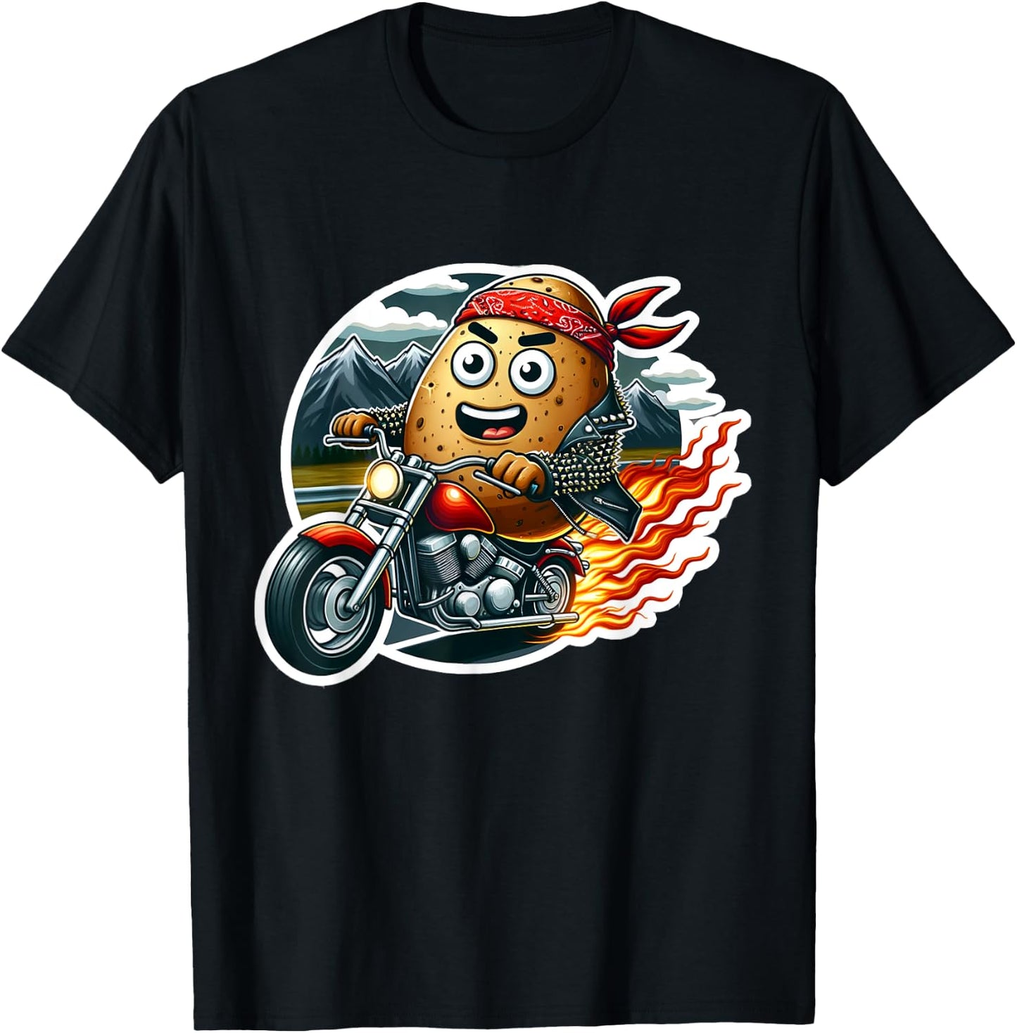 Funny Potato Tater Tot Riding Motorcycle Bike Biker Taters T-Shirt - T-Shirt | Black