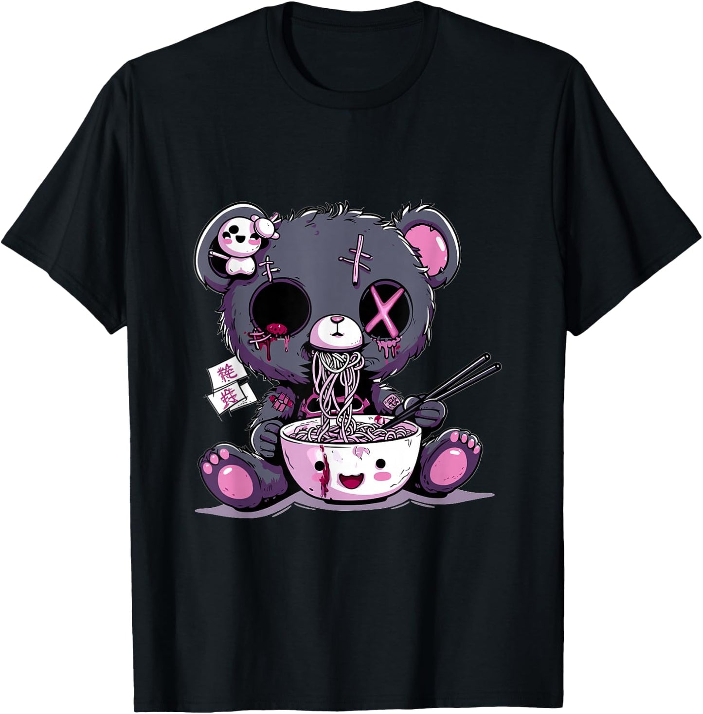 Goth Pastel Cute Creepy Kawaii Teddy Bear Voodoo Doll Ramen T-Shirt - T-Shirt | Black