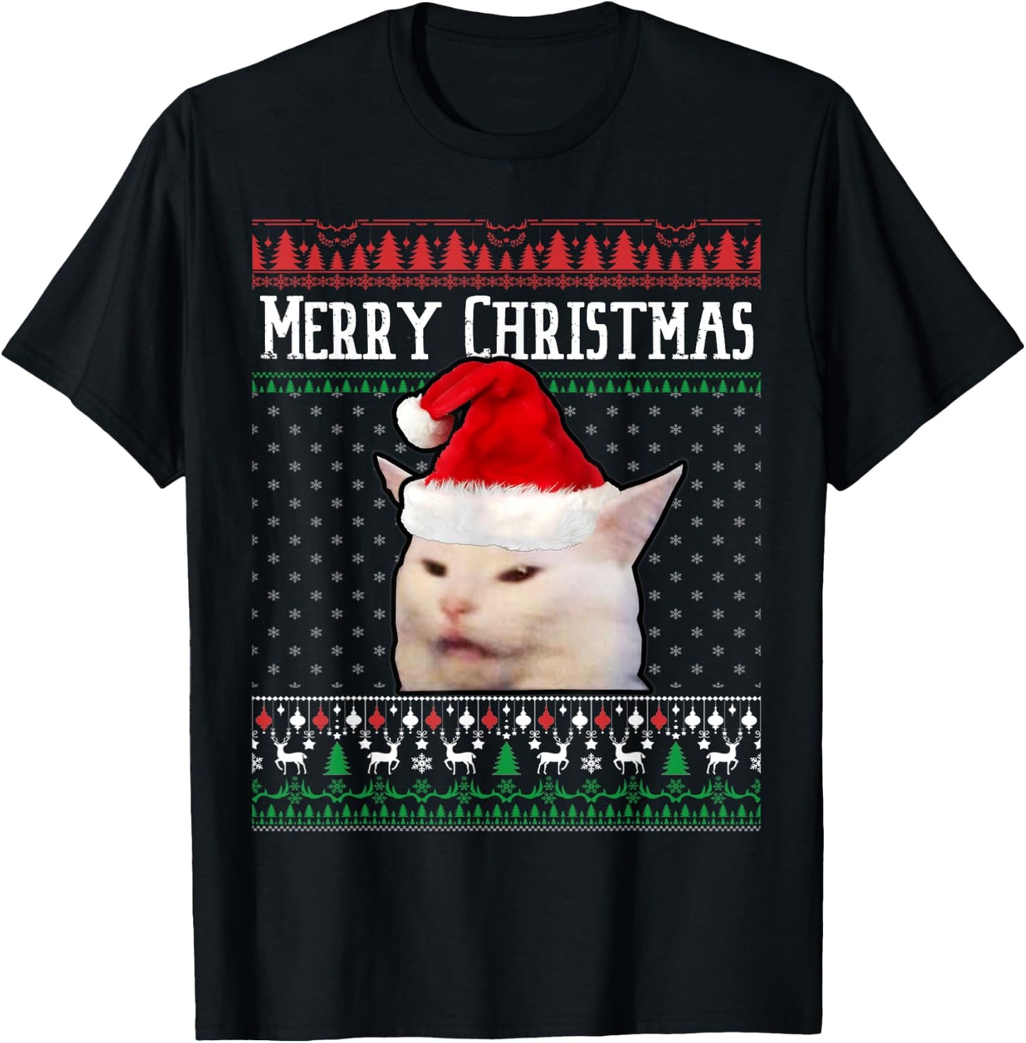 Woman Yelling at a Smudge Cat Ugly Christmas Sweater Meme T-Shirt - T-Shirt | Black