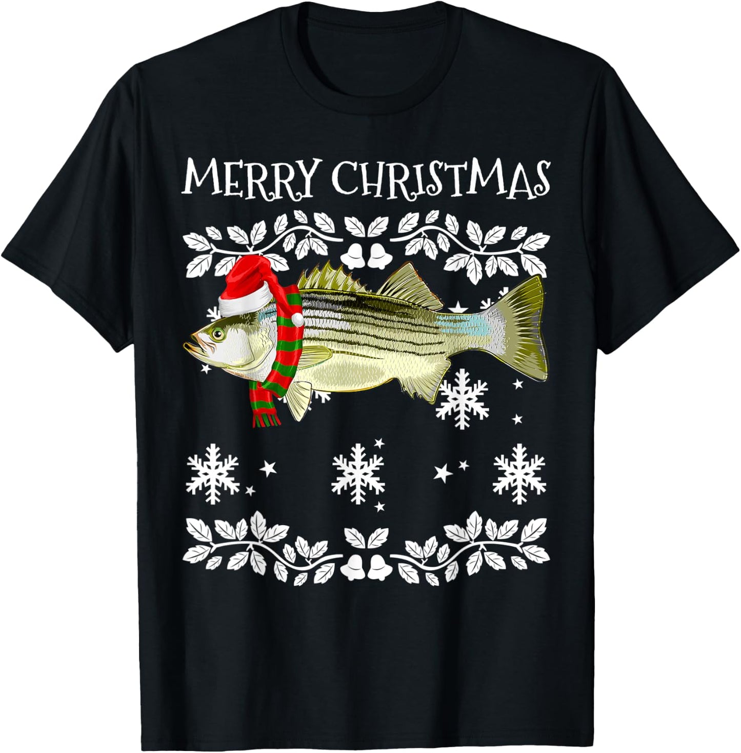 Fish Merry Christmas Ornament Striped Bass Ugly Xmas T-Shirt - T-Shirt | Black