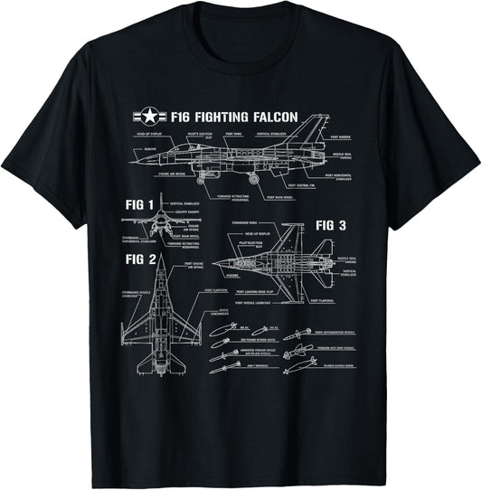 American Aircraft Fighter F16 Falcon Blueprint T-Shirt - T-Shirt | Black