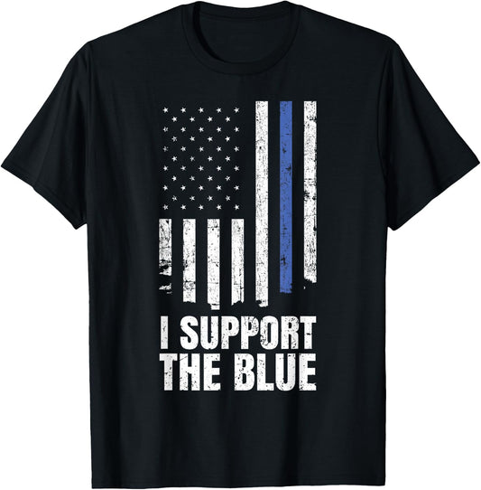 I Support the Blue Police Officer Thin Blue Line Flag T-Shirt - T-Shirt | Black