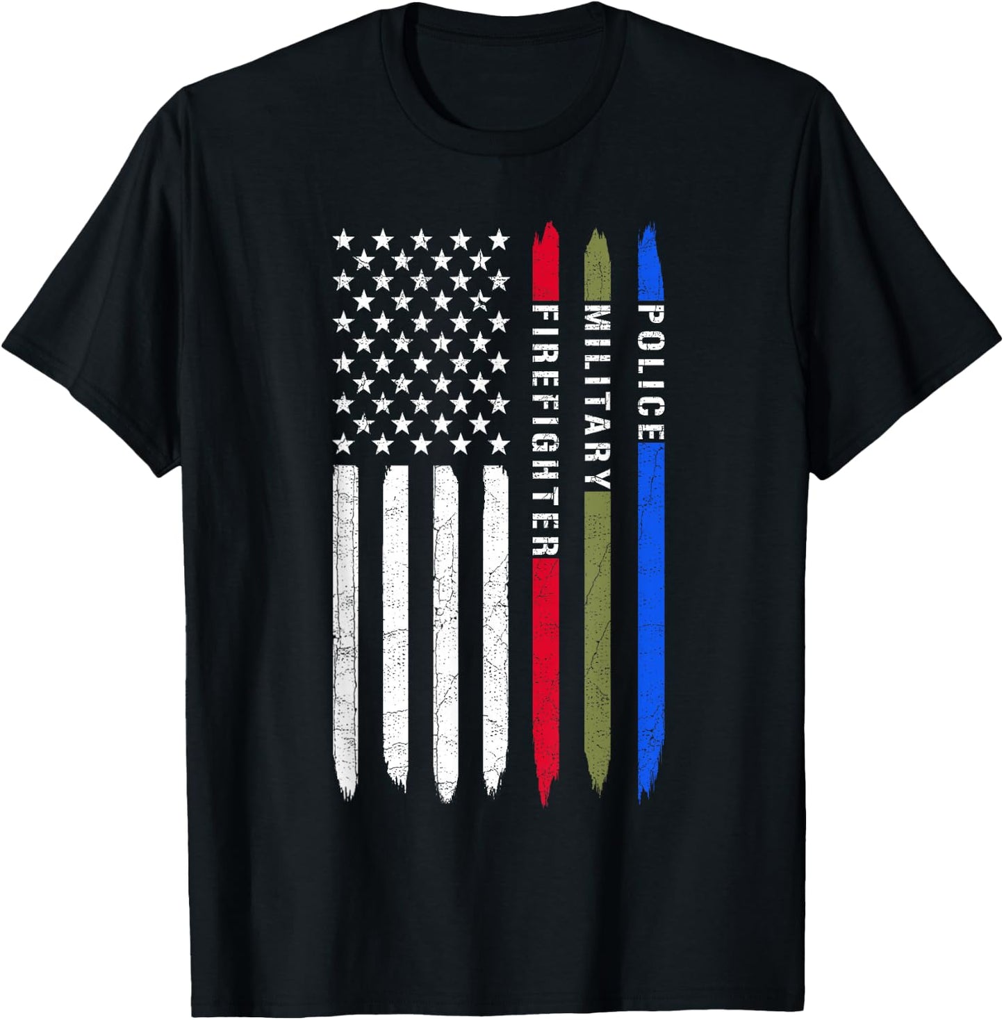 Thin Blue Red Green Line American Flag Police Military Fire T-Shirt - T-Shirt | Black