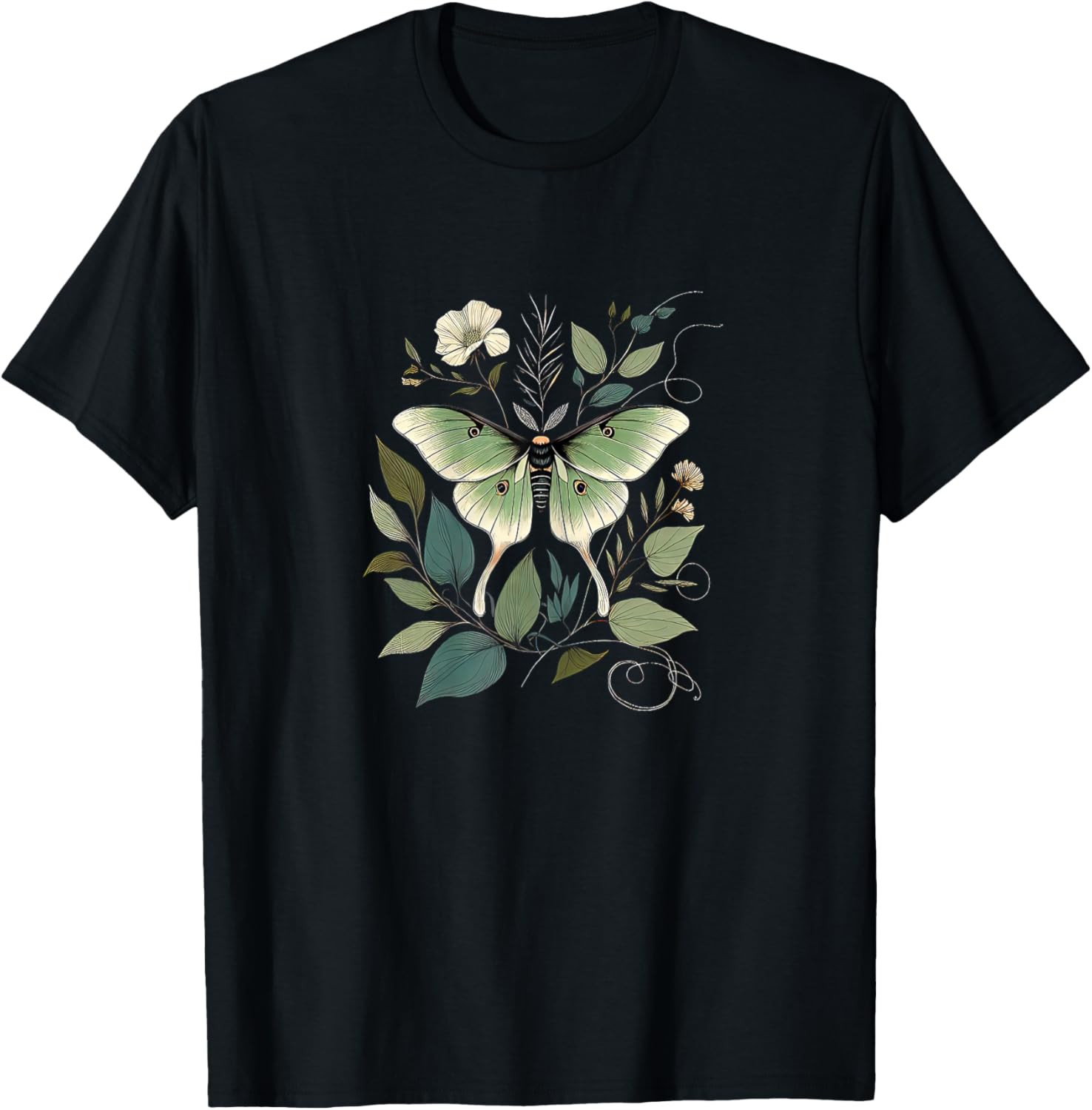 Women's Luna Moth With Moonflower Vine Artisan Boho Fashion T-Shirt - T-Shirt | Black