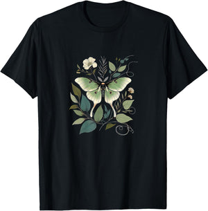 Women's Luna Moth With Moonflower Vine Artisan Boho Fashion T-Shirt - T-Shirt | Black