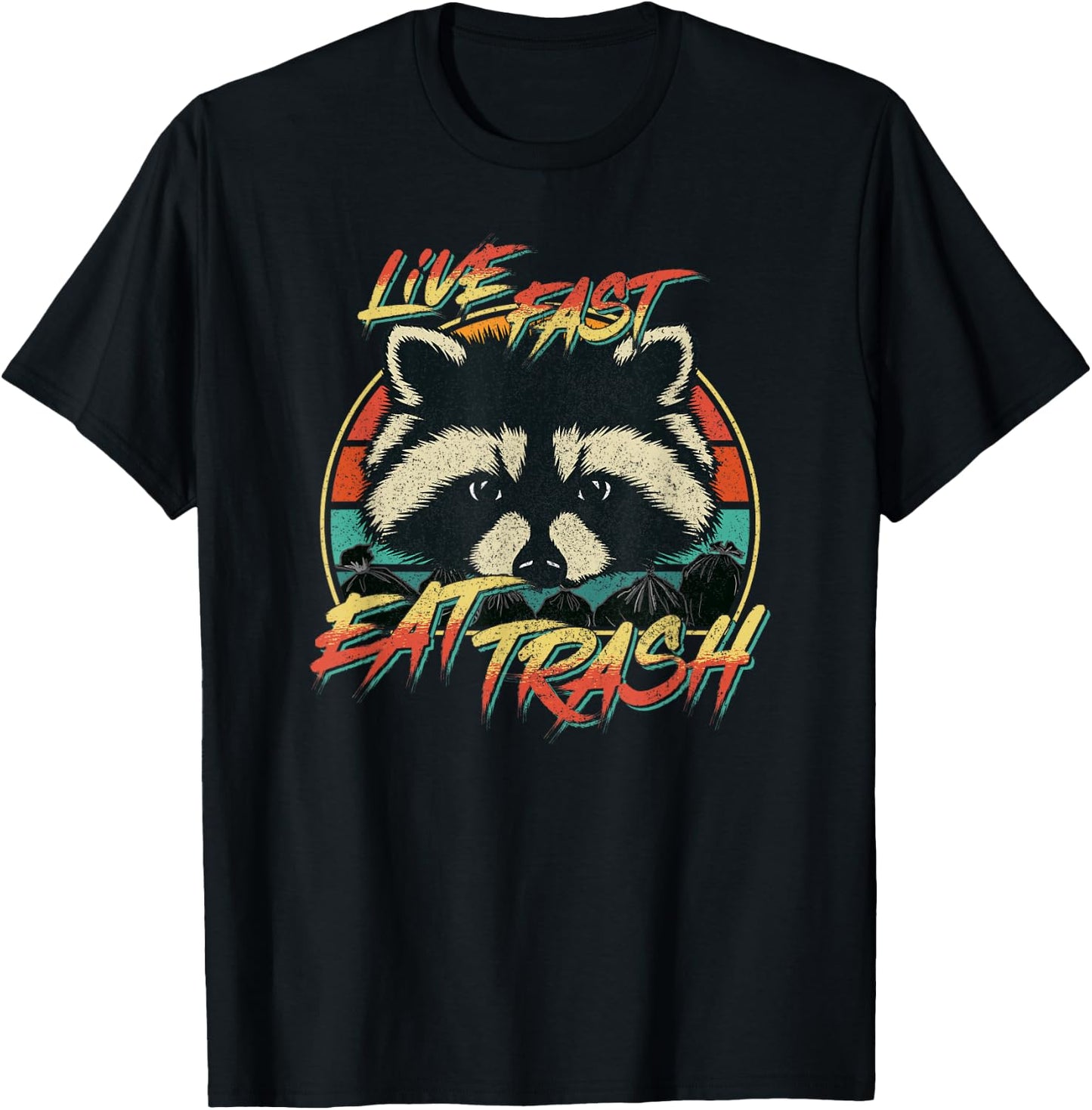 Live Fast Eat Trash Funny Retro Trash Panda Raccoon T-Shirt - T-Shirt | Black