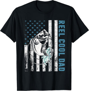 Fishing Lovers Gifts Reel Cool Dad American Flag T-Shirt - T-Shirt | Black