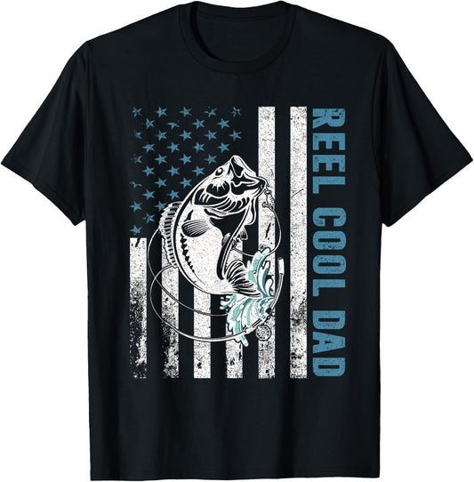 Fishing Lovers Gifts Reel Cool Dad American Flag T-Shirt - T-Shirt | Black