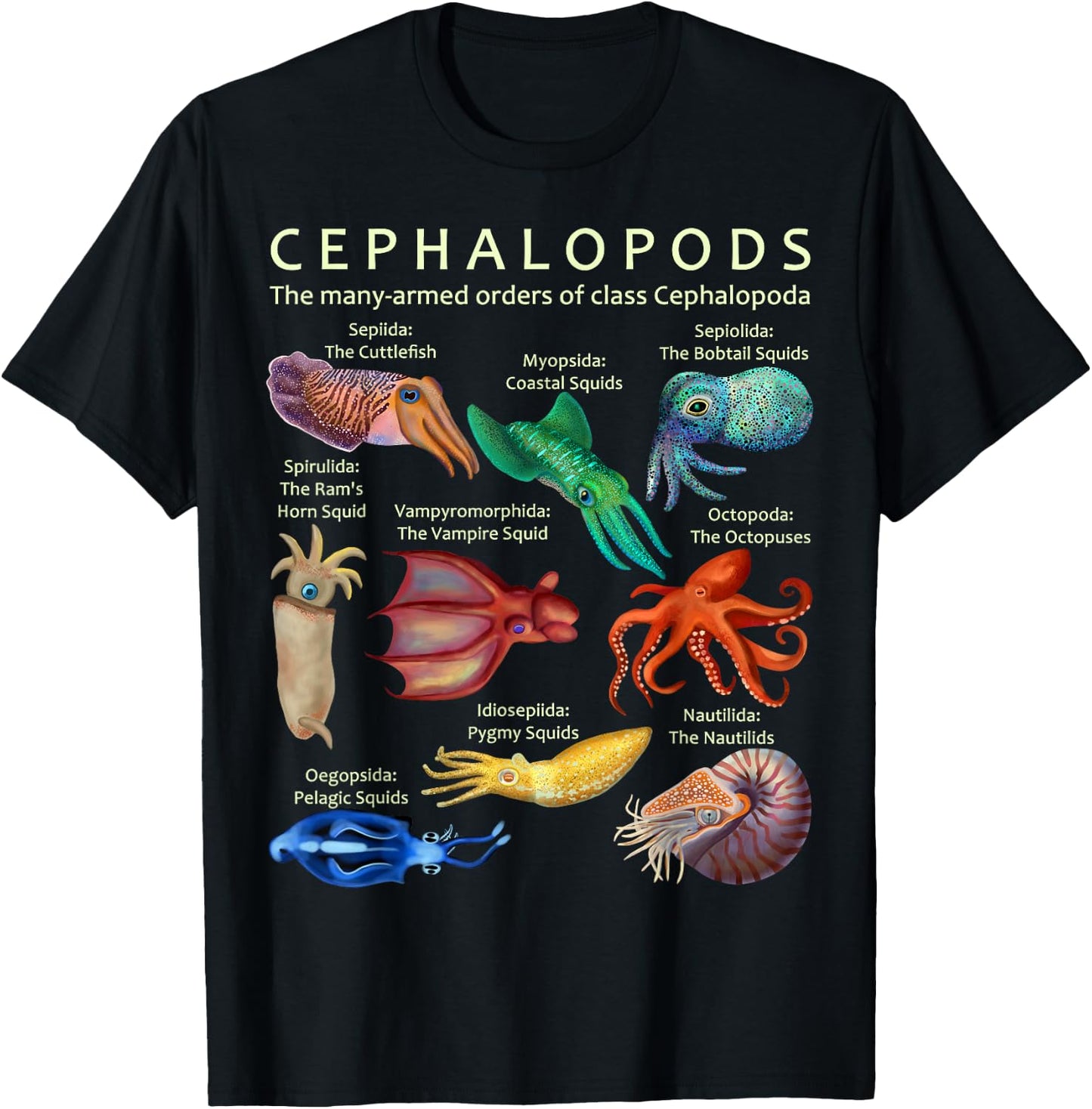 The Cephalopod Octopus Squid Cuttlefish and Nautilus T-Shirt - T-Shirt | Black
