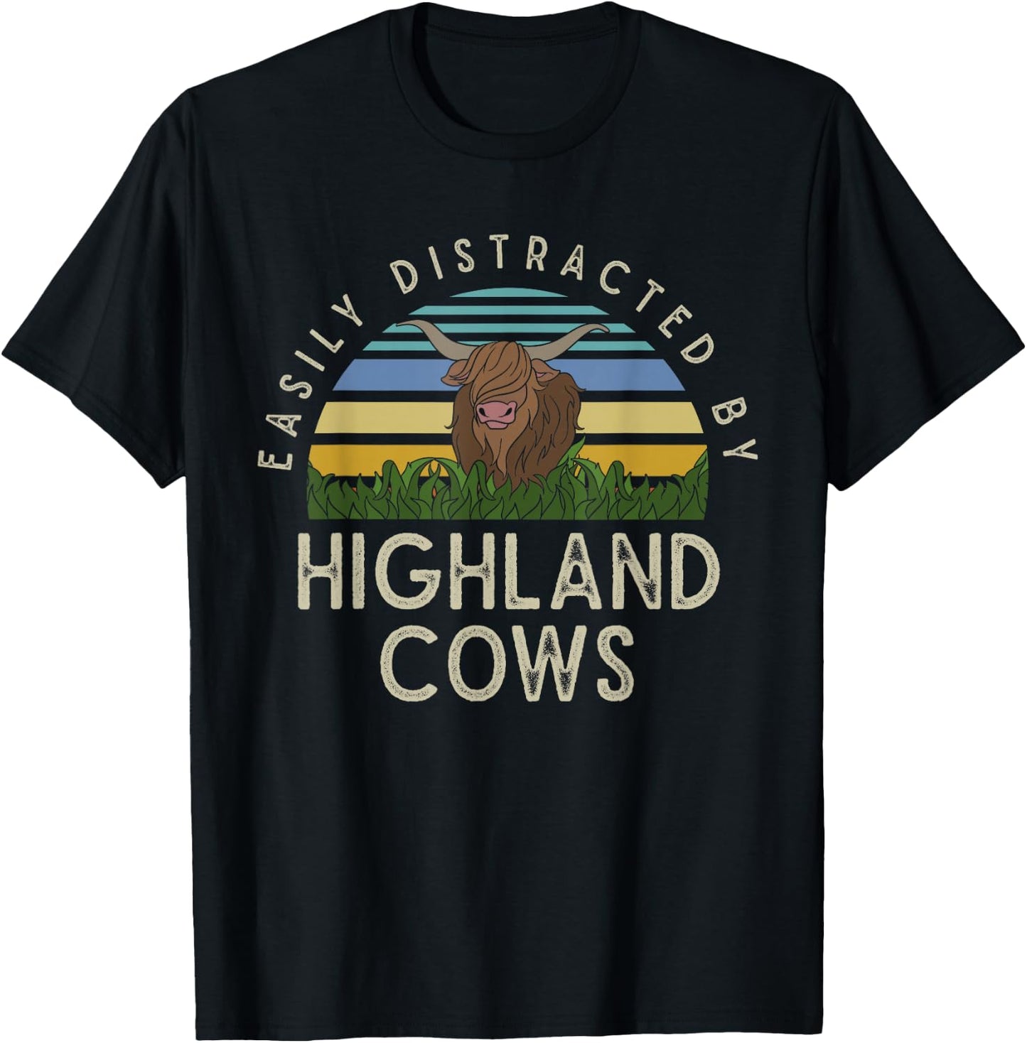Farm Animal Gift Retro Scottish Highland Cow T-Shirt - T-Shirt | Black