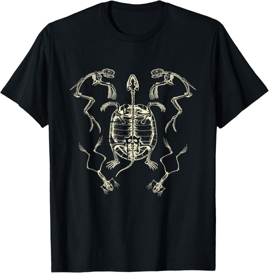 Goblincore Aesthetic Frog and Turtle Dark Academia Skeleton T-Shirt - T-Shirt | Black
