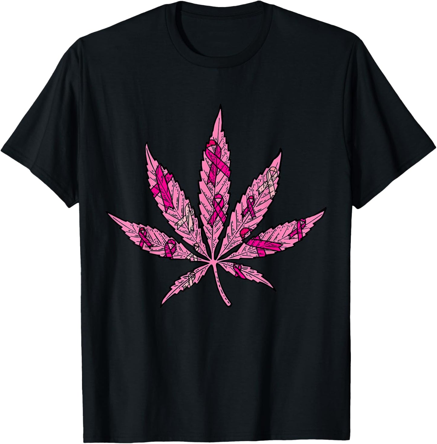 Pink Ribbon Weed Marijuana Cool Breast Cancer Awareness Gift T-Shirt - T-Shirt | Black