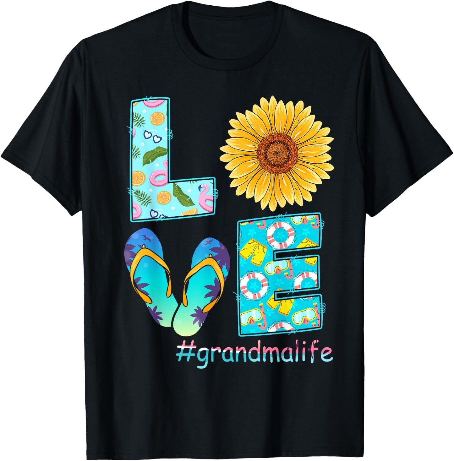 LOVE Grandma Life Flip Flops Hippie Sunflower Summer Women T-Shirt - T-Shirt | Black