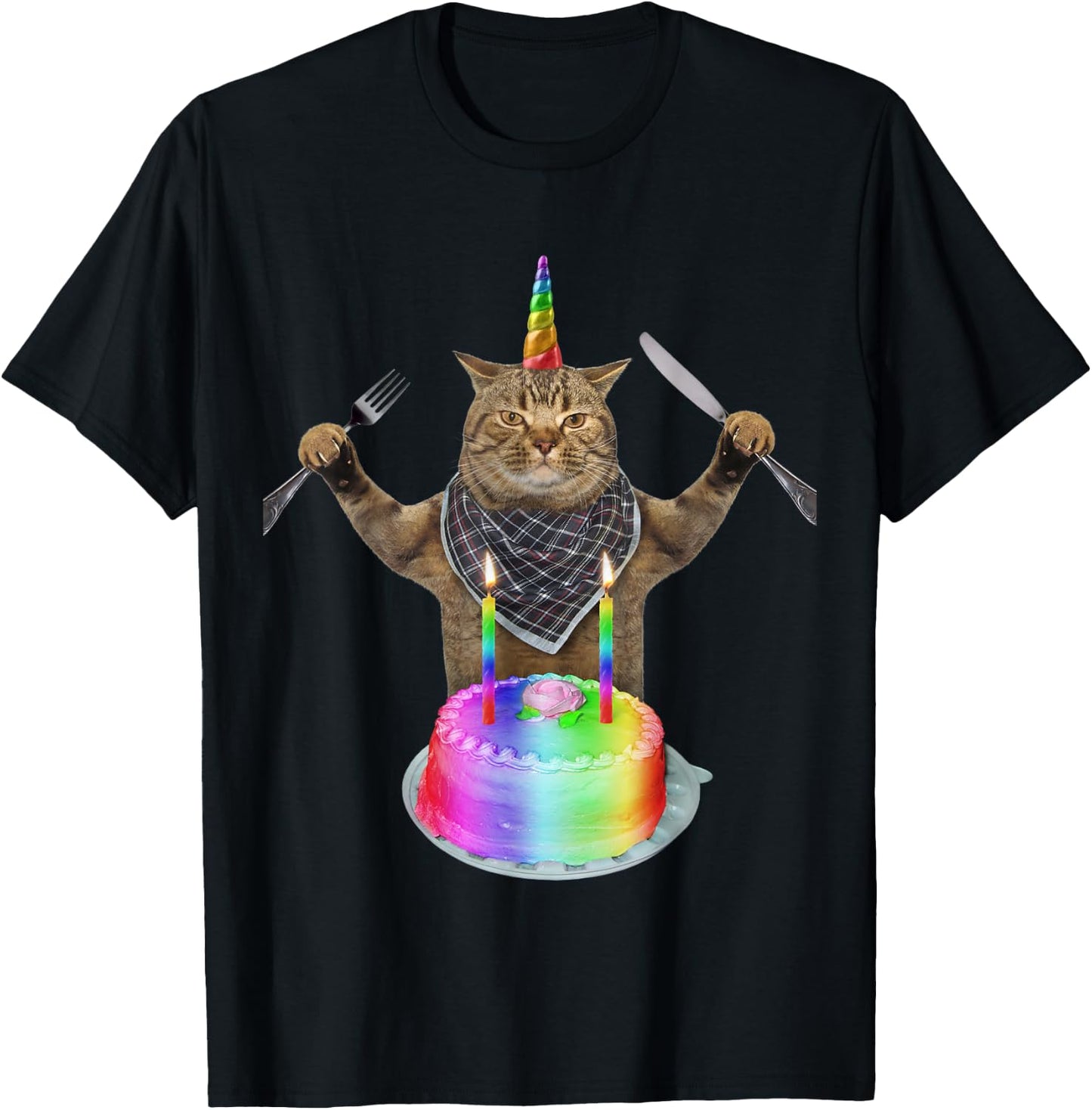 Funny cat unicorn with a birthday cake Women Girls Kids T-Shirt - T-Shirt | Black