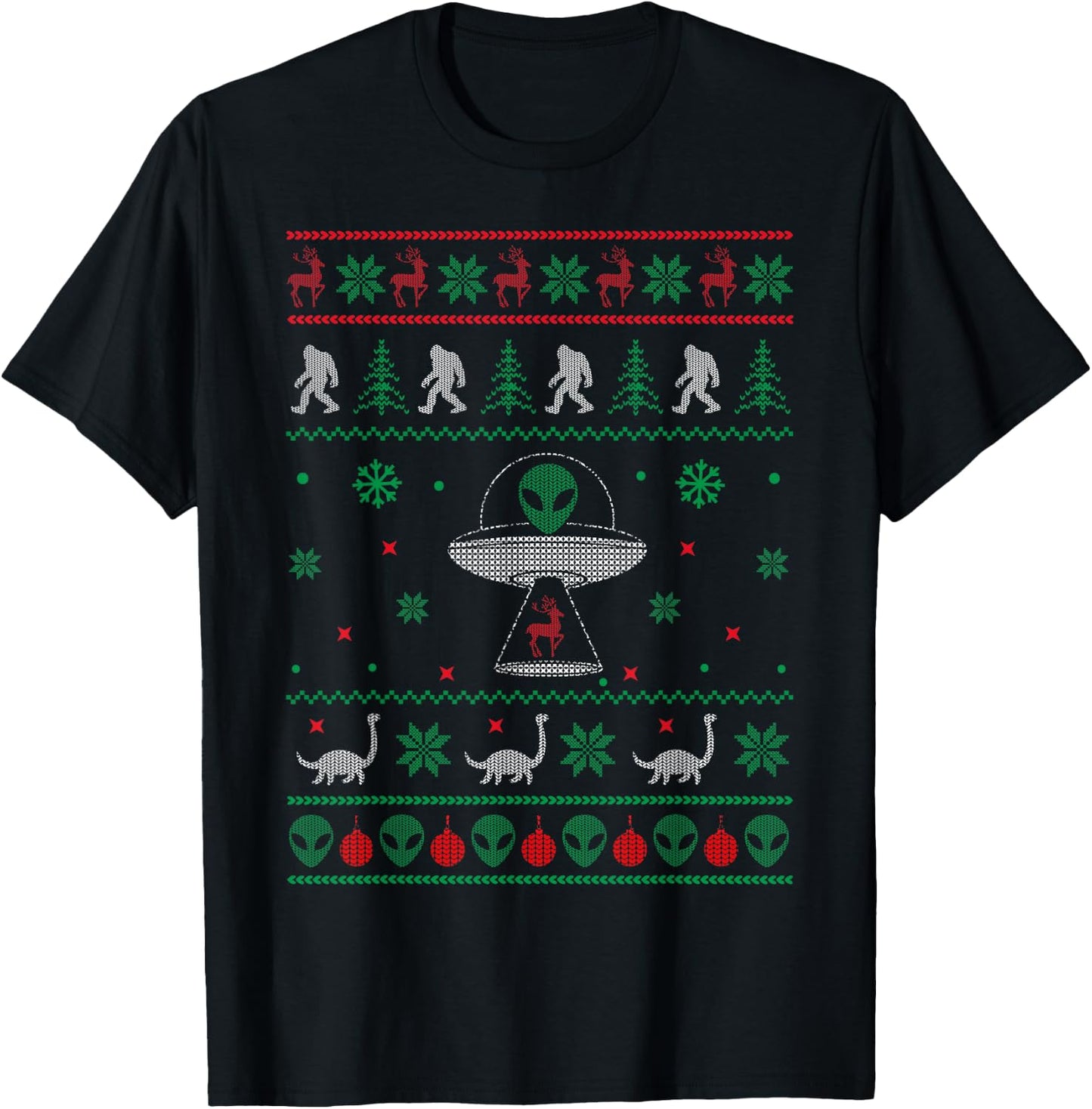 Ugly Christmas Sweater Alien UFO Bigfoot Loch Ness T-Shirt - T-Shirt | Black