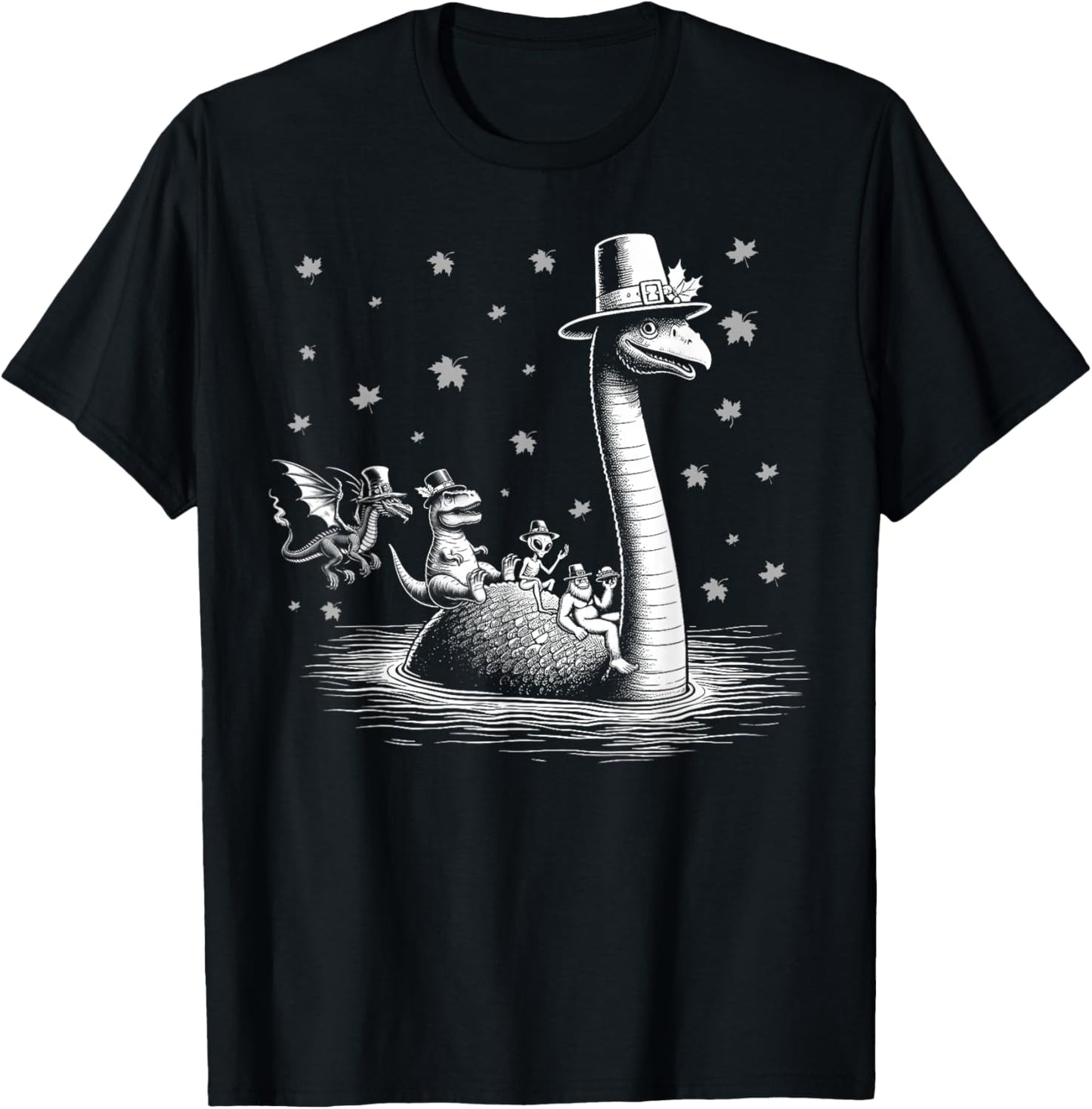 Thanksgiving Bigfoot alien riding loch Ness monster fall T-Shirt - T-Shirt | Black