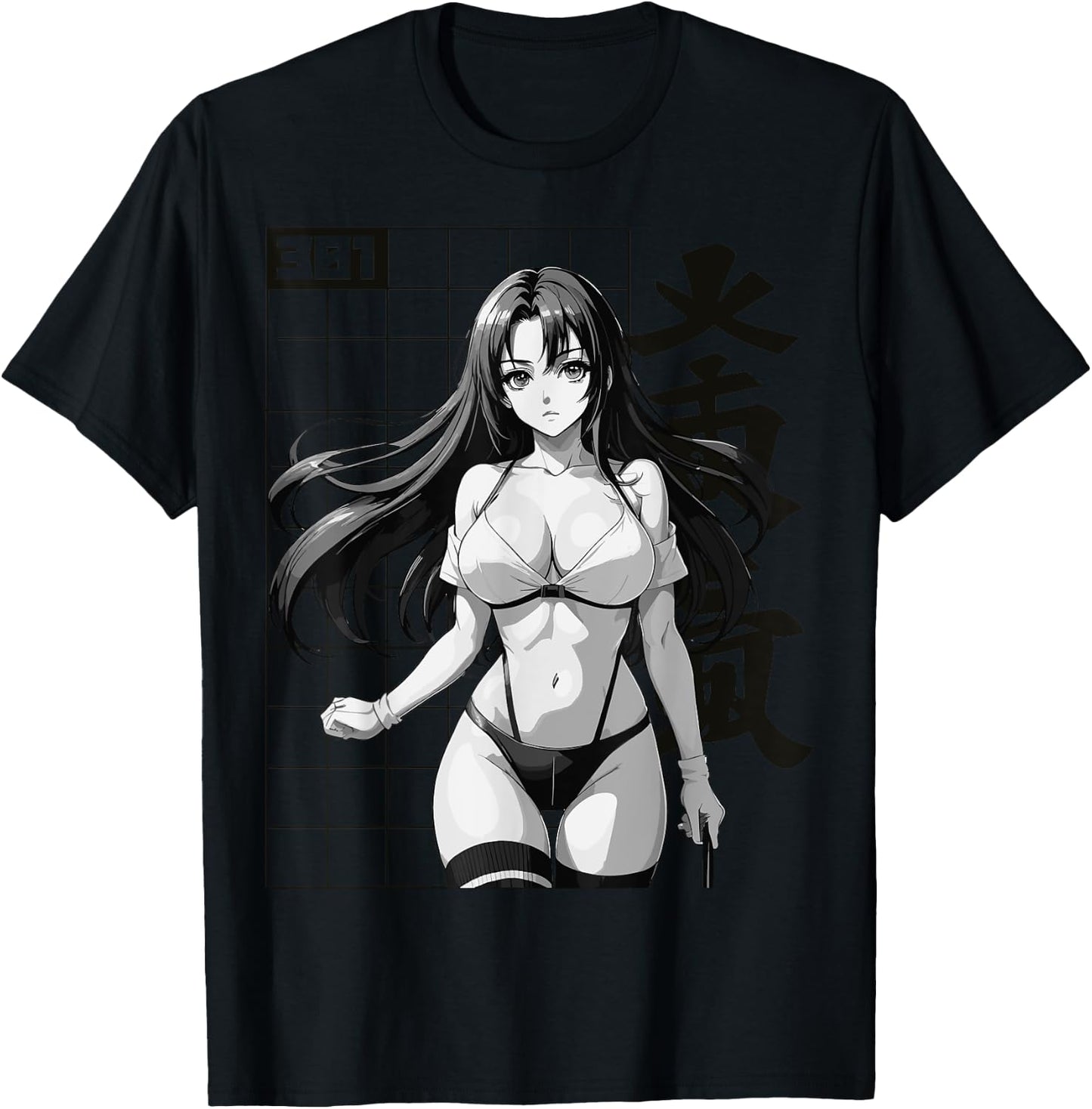 Sexy Waifu Otaku Anime Girl Japanese in Black White Art T-Shirt - T-Shirt | Black