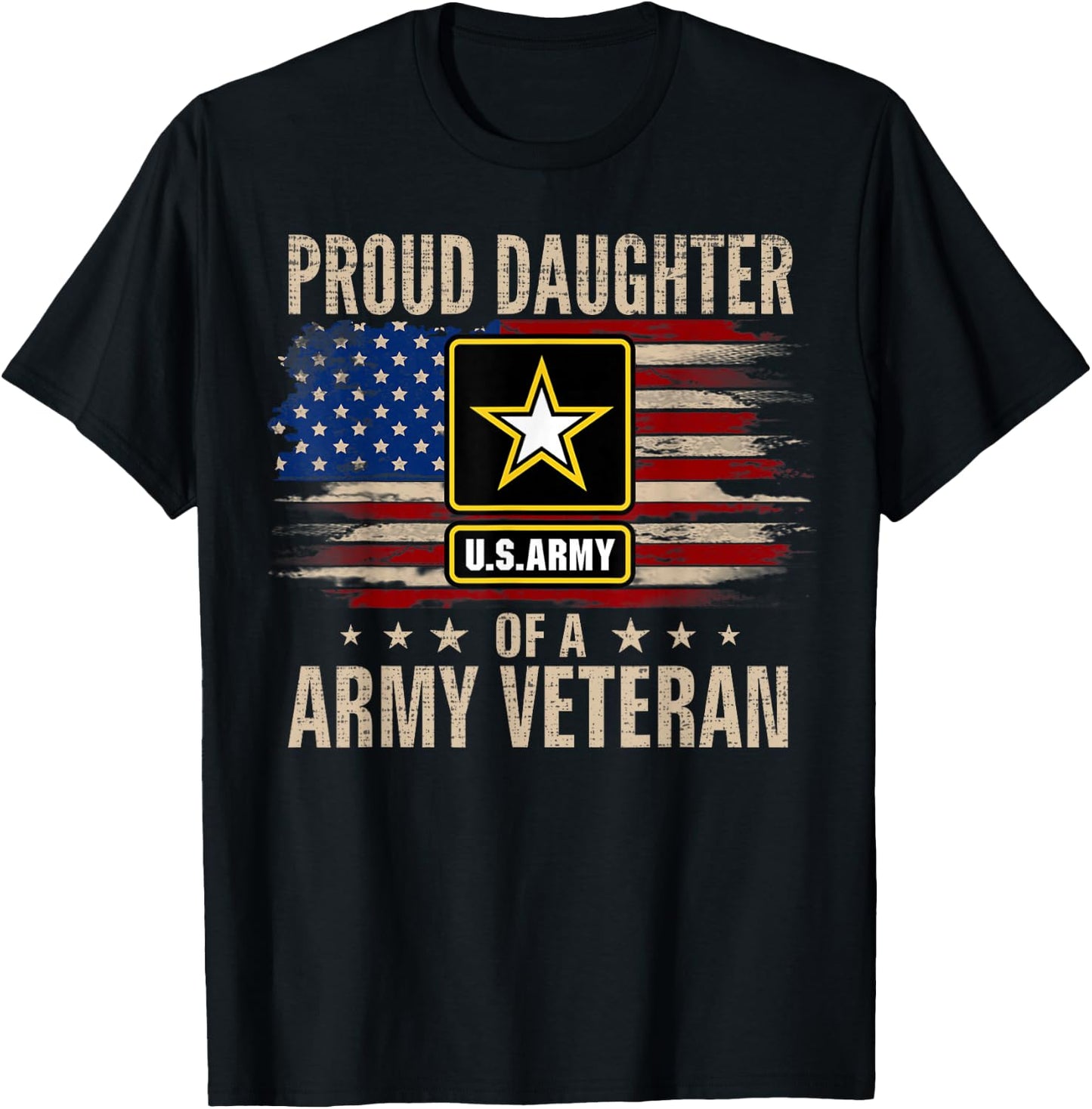 Vintage Proud Daughter of A Army Veteran with American Flag T-Shirt - T-Shirt | Black