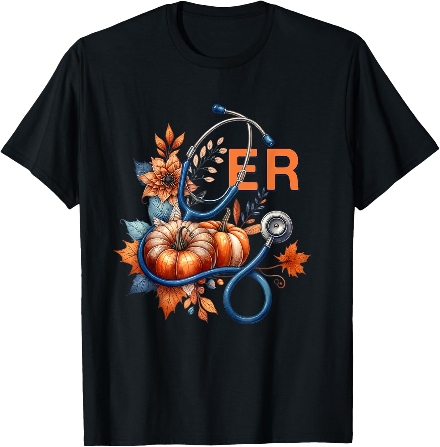 Fall Floral Stethoscope ER Emergency Room Nurse Appreciation T-Shirt - T-Shirt | Black