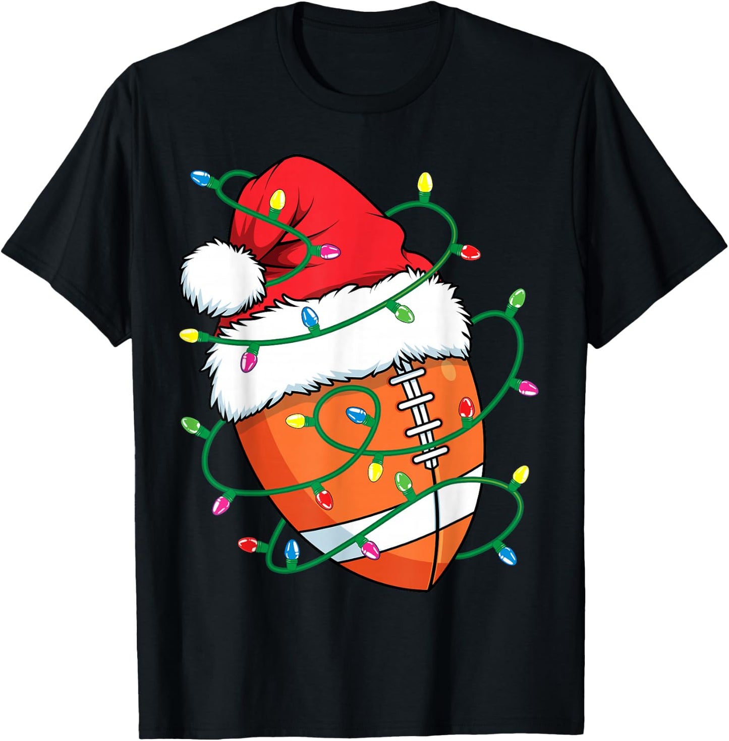 Santa Football Sports Ball Men Boys Christmas Xmas Lights T-Shirt - T-Shirt | Black