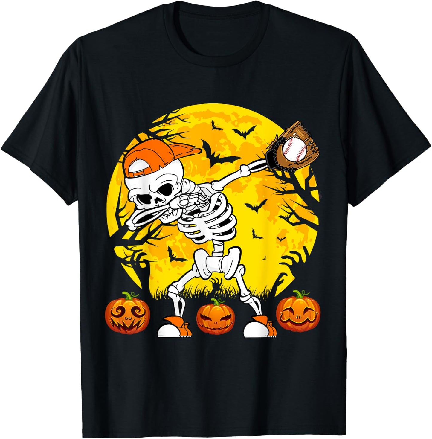 Baseball Halloween Dabbing Skeleton Funny Halloween Baseball T-Shirt - T-Shirt | Black