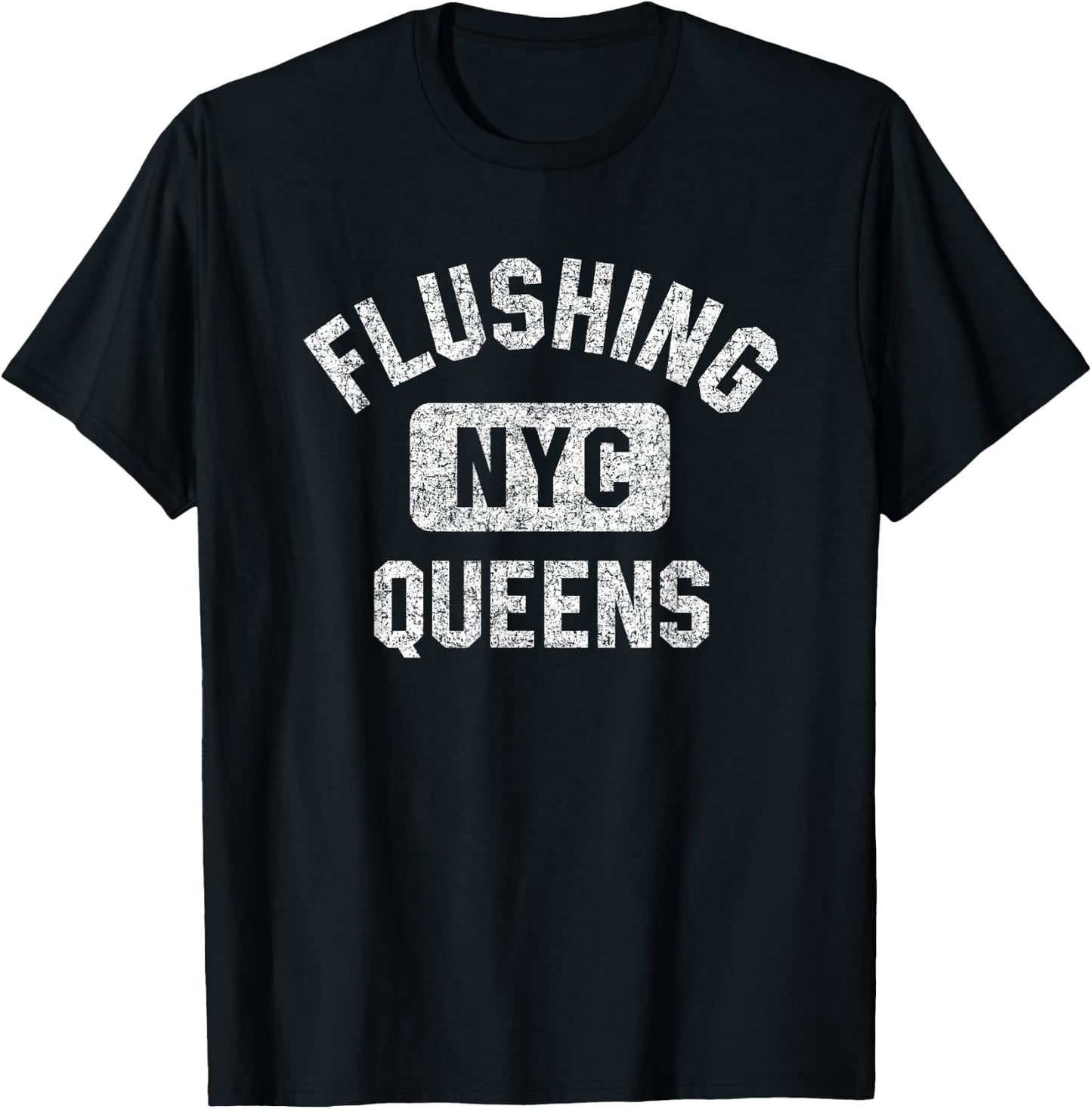 Flushing Queens NYC Gym Style Distressed White Print T-Shirt - T-Shirt | Black