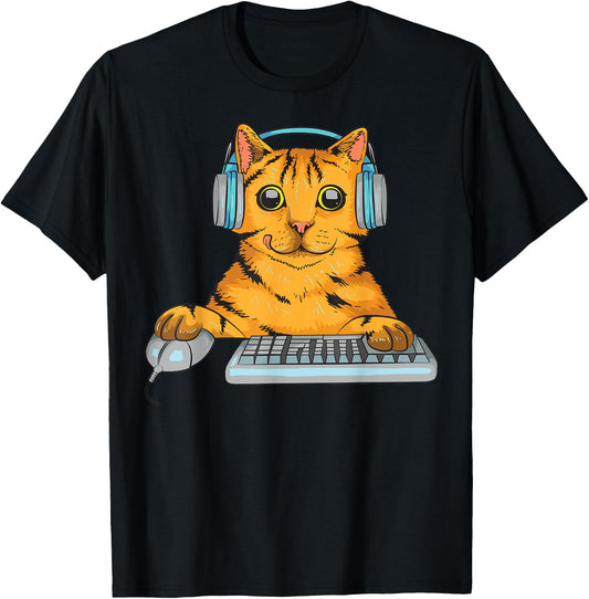 Cute Cat Gamer Gift | Funny Kitten Computer Game Playing T-Shirt - T-Shirt | Black