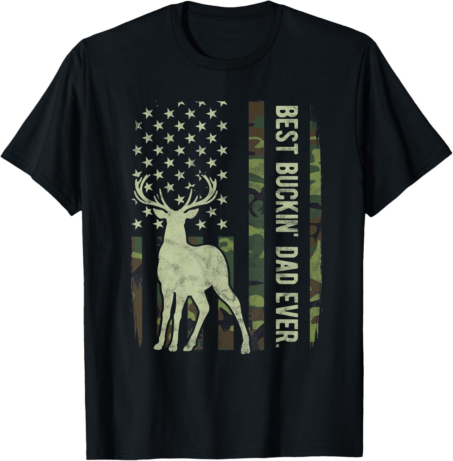 Best Buckin' Dad Camouflage American Flag Deer Hunting T-Shirt - T-Shirt | Black